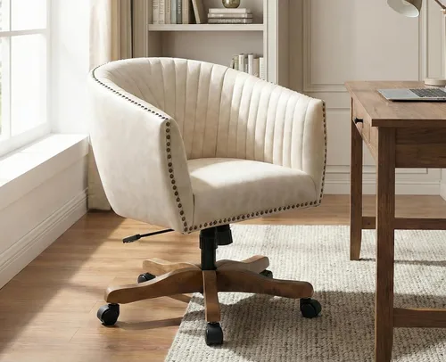Silla de escritorio de piel sintética beige, silla de escritorio tapizada giratoria con brazo ajustable con cabezas de clavos, cómoda silla de