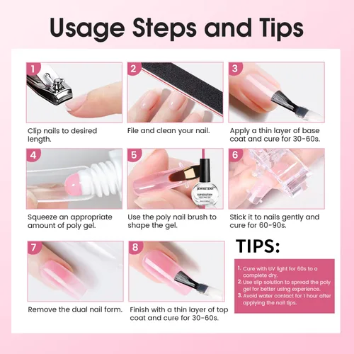 Miniatura 8 de JEWHITENY Set de uñas de gel de extensión de poligel transparente, blanco y rosa con capa base y capa superior para arte en dedos y manicura