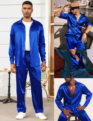 Miniatura 4 de LecGee Conjunto de 2 piezas de satén para hombre, con solapa, manga larga, con botones, pantalones deportivos con bolsillo, fiesta de club