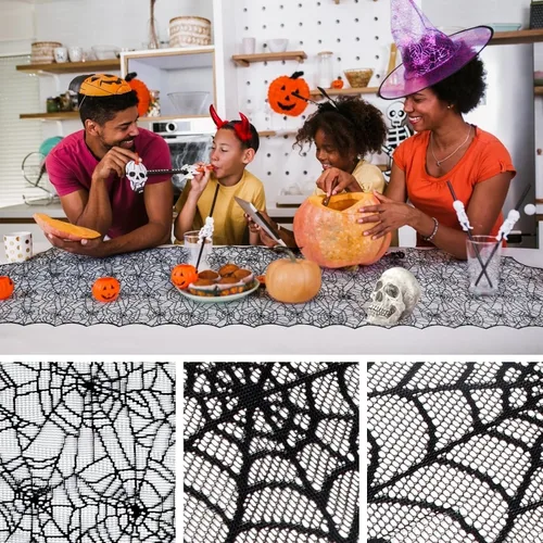 Miniatura 3 de Camino de mesa de Halloween, tela de araña de encaje negro, para decoración de Halloween, fiesta, decoración de mesa de comedor, 18 x 72 pulgadas