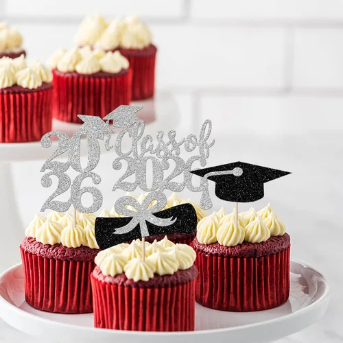 Miniatura 5 de Paquete de 24 adornos para cupcakes de clase 2025 con purpurina 2025 para diploma de graduación 2025 para cupcakes temáticos de graduación 2025