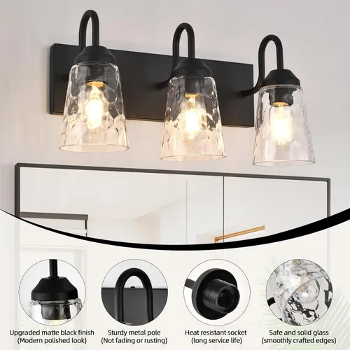 Miniatura 3 de Lámpara de baño de 3 luces, luces costeras con pantalla de cristal de cristal, lámpara de pared negra para espejo de cocina, pasillo, dormitorio
