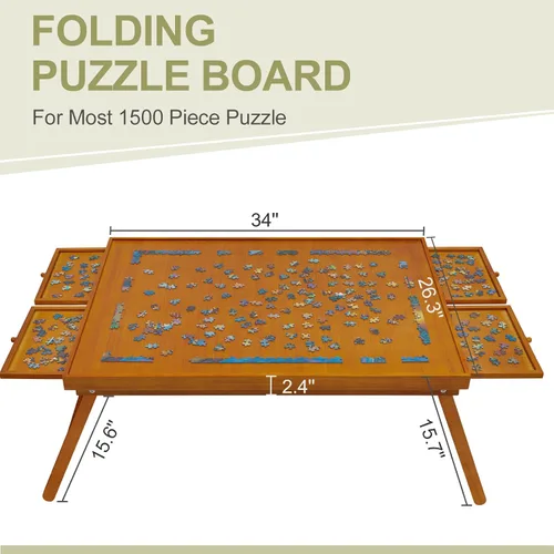 Miniatura 2 de TEAKMAMA Tablero de rompecabezas de madera de 1500 piezas con 4 cajones, mesa de rompecabezas plegable con cubierta protectora, tablero de Marrón