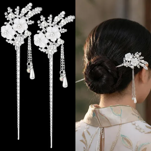 Chuangdi 2 palillos chinos para el cabello para mujer, palillos de pelo plateado con diamantes de imitación, horquilla japonesa vintage, perla,