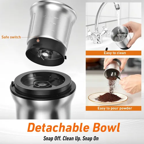Miniatura 6 de Secura Molinillo de café eléctrico y molinillo de especias con 2 cuchillas de acero inoxidable cuencos extraíbles