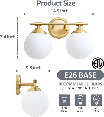 Miniatura 2 de Rayogale Lámparas de baño doradas, ETL 2 luces de tocador sobre espejo con vidrio esmerilado, iluminación suave, apliques de baño de 15 pulgadas
