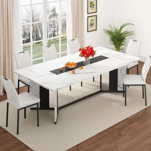 Miniatura 14 de chartustriable Mesa de comedor para 4 a 6 personas, mesa de cocina moderna grande de 71 pulgadas con diseño de camino de mesa integrado, mesa