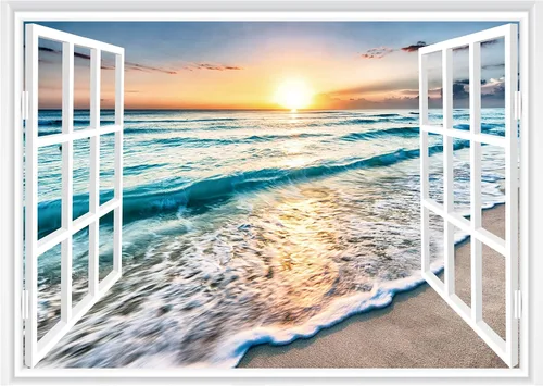 FLFK Adhesivo de pared con ventana falsa - Mural de pared con ventana falsa de atardecer en la playa para decoración de pared, adhesivos de pared