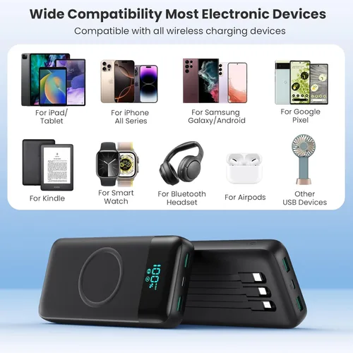 Miniatura 7 de Cargador portátil inalámbrico de 40800 mAh con 3 cables integrados, batería de carga inalámbrica 7 en 1 de 15 W, 25 W PD QC 4.0 carga rápida USB C