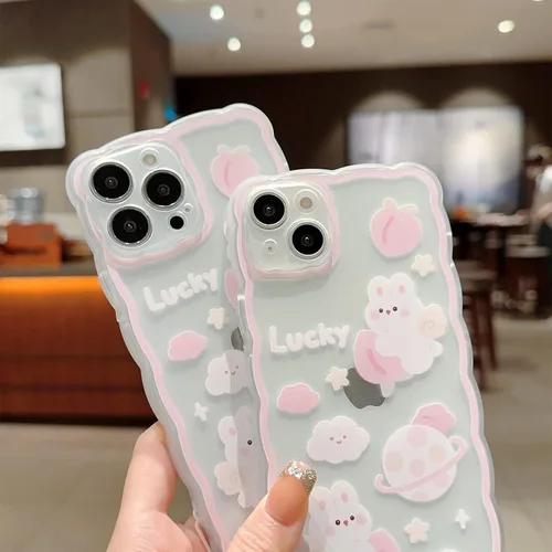 Miniatura 2 de Funda compatible con iPhone 11 Pro Max, bonito patrón de conejo melocotón de dibujos animados con bonito diseño de cadena para mujeres y niñas