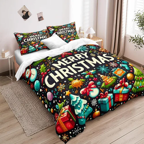 Miniatura 2 de Herside Juego de funda de edredón de Navidad, tamaño Queen, colorido patrón navideño impreso, bonita decoración navideña, microfibra suave, funda