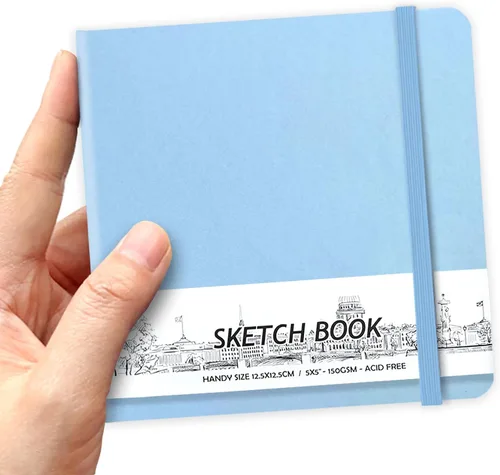 Miniatura 14 de Cuaderno de bocetos de bolsillo cuadrado de tapa dura de cuero PU de 5" x 5", 58 hojas de papel beige Dowling de 150 GSM, libro de bocetos de arte