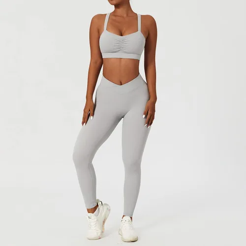 Miniatura 4 de ABOCIW Conjuntos de entrenamiento para mujer, 2 piezas, cintura cruzada, leggings de cintura alta, tirantes deportivos, para ejercicio, gimnasio