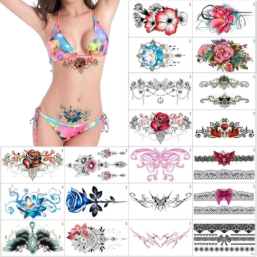 Miniatura 8 de Tatuajes temporales de flores sexys, mariposas, 20 hojas grandes, flores rojas, encaje, ombligo, busto, estómago, glúteos, piernas, brazos, parte