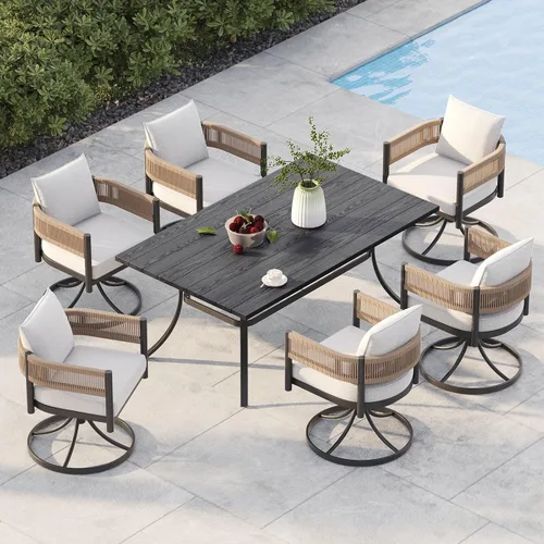 Miniatura 11 de Juego de comedor al aire libre Grand Patio de 5 piezas para 4, sillas de patio fijas de mimbre tejido metálico con cojines engrosados y 1 mesa