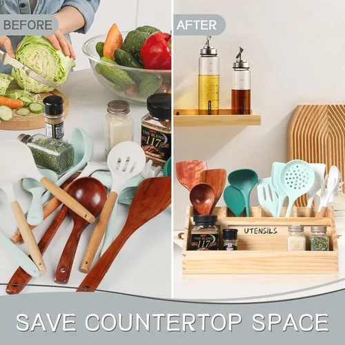 Miniatura 5 de Innovation Soporte para utensilios de cocina para encimera con 5 compartimentos, organizador de utensilios con asas, soporte de utensilios de madera
