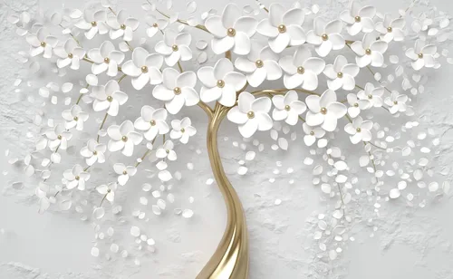 Miniatura 2 de Bormia - Mural de pared de árbol de flores 3D con cuerpo de árbol dorado, calcomanías de pared para sala de estar, dormitorio, habitación de niños