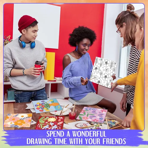 Miniatura 6 de Teling Kit de 12 lienzos estirados predibujados para adultos, pintura preimpresa, contorno de lienzo para bricolaje, recuerdos de fiesta, 6 x 6 x