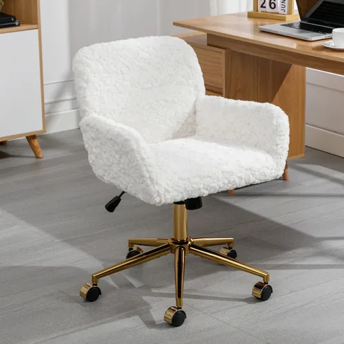 Miniatura 8 de Silla de escritorio giratoria peluda, silla de oficina tapizada de tela de peluche blanca, silla de tocador con ruedas ajustable en altura
