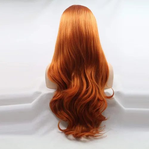 Miniatura 4 de ELESTY - Pelucas de encaje frontal sintéticas color naranja, de largo ondulado, con partición libre, sin pegamento, tejidas a media mano