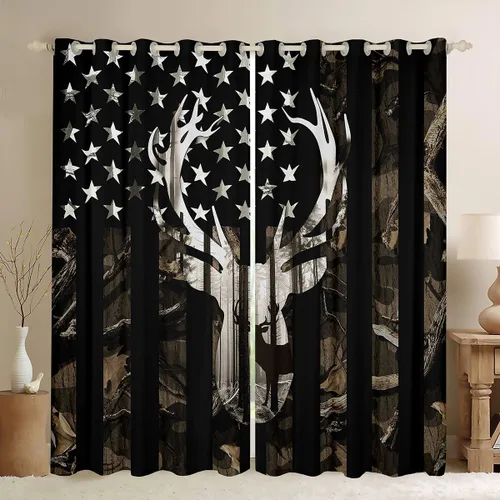 Miniatura 46 de Cortinas opacas de camuflaje con bandera estadounidense, regalo para niños, cortina de ventana de camuflaje verde con rayas negras, estrellas