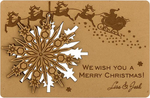 Tarjeta de Navidad personalizada con texto en inglés «We Wish You a Merry Christmas», tarjetas de felicitación de madera cortadas con láser, copo de