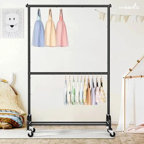 Miniatura 8 de MISSLO Perchero resistente para ropa con doble varilla para colgar, estante de ropa enrollable, armario de closet con ruedas, metal, ajustable, negro