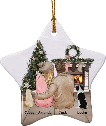 Miniatura 9 de Adorno de Navidad familiar personalizado 2022, nombre personalizado de raza, gato, perro, para pareja de Navidad, círculo redondo, adorno