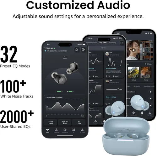 Miniatura 8 de TOZO Auriculares inalámbricos A1 Bluetooth 5.3 de peso ligero en el oído IPX5 Auriculares impermeables 2 micrófonos para llamadas AI, auriculares