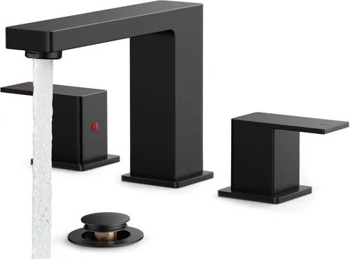 FORIOUS Grifos de baño negros de 3 agujeros, grifo de lavabo de baño negro mate de 8 pulgadas de ancho, 2 manijas para fregadero de baño con drenaje
