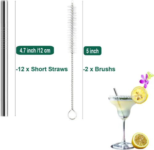 Miniatura 2 de Paquete de 12 popotes de metal extra cortos de 4.7 pulgadas, popotes reutilizables de acero inoxidable con cepillo de limpieza para tazas de café