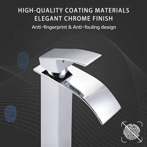 Miniatura 7 de VOTON Grifo de Fregadero de Recipiente Cromado Moderno Alto Cascada Grifo de Lavabo de Baño de Una Sola Manija Grifo de Baño de 1 Orificio Grifo