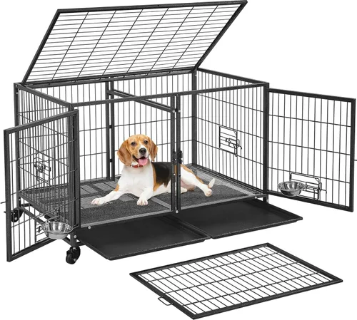Yaheetech Jaula Apilable para Perros con Divisor de 43'' Rodante Jaula de Servicio Pesado para Perros con Parte Superior Abierta/2 Bandejas