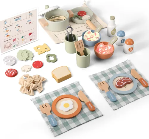 Pithfor - Juego de cocina de madera, juguetes de accesorios de cocina de simulación para niños y niños pequeños, incluye platos de juego, olla y