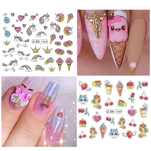 Miniatura 5 de Calcomanías de uñas de unicornio, calcomanías de transferencia de agua, calcomanías de uñas de corazón, unicornio, arcoíris, dona, diseño de uñas