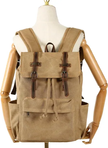 Miniatura 6 de HuaChen Mochila de lona, mochila vintage para laptop de 14 pulgadas, mochila de viaje y senderismo con bolsillo antirrobo, ribete de cuero genuino