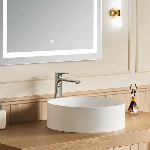 Miniatura 3 de Cpingao Lavabo de Recipiente Redondo de Baño de 15.74 Pulgadas, Lavabo Circular Sobre Encimera de Piedra Mate Moderno Lavabo de Arte para Mueble