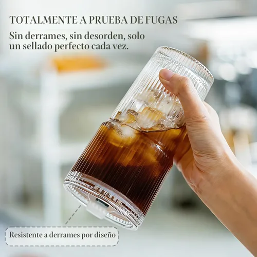 Miniatura 7 de KEMORELA Paquete de 2 vasos de vidrio acanalado de 20 onzas con tapas y pajitas de vidrio, tazas de café helado vintage, vasos reutilizables