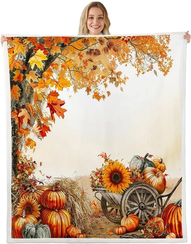 Miniatura 12 de Manfei Manta de calabaza otoñal, manta de cama floral de hojas verdes para decoración de habitación de niños y niñas, manta de plantas botánicas