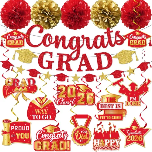 Miniatura 8 de Decoraciones de graduación 2026, pancarta de felicitaciones con purpurina, espirales colgantes y pompones de tela, decoraciones de graduación negras