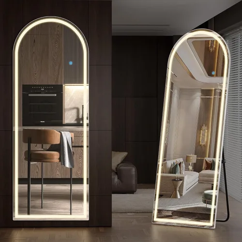 Espejo arqueado de cuerpo entero con luces LED, espejo de piso de 60"x16" con soporte, espejos corporales de piso con atenuación e iluminación de 3