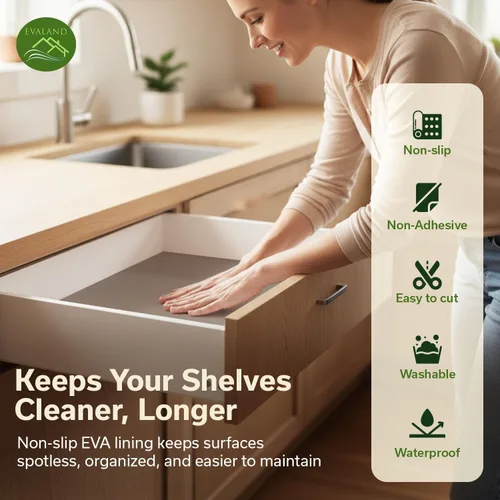 Miniatura 3 de EVALAND Revestimientos de estantes para gabinetes de cocina sin adhesivo de 12" x 33 pies, color beige, forro para cajones antideslizante, lavable