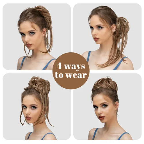 Miniatura 3 de CJL HAIR - Extensión de cabello tipo coletero de chongo desordenado, rizado, sintético, con colas rectas, scrunchies para peinados de moño