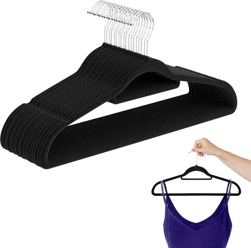 Miniatura 8 de Perchas de terciopelo, perchas antideslizantes para ropa, diseño fino rosa, gancho cromado giratorio de 360°, hombros con muescas, 17.5 pulgadas