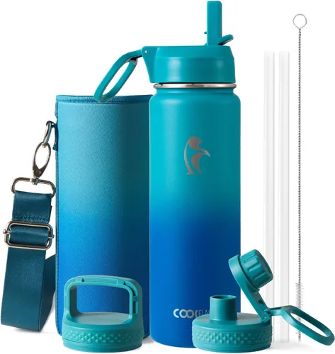Miniatura 16 de Coolflask Botella de agua de 20 onzas aislada con pajilla, 3 tapas de metal de acero inoxidable, botella de agua de boca ancha para deportes u
