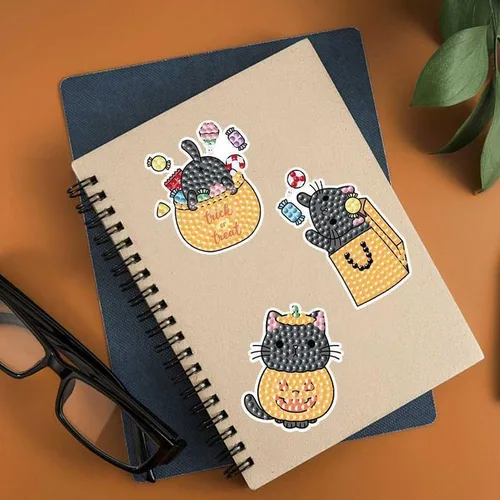 Miniatura 4 de MEGZIHXN Kit de calcomanías artísticas de diamantes para niños, gato mágico, calabaza, gato, compras, caramelo, gato durmiendo en un libro, pintura