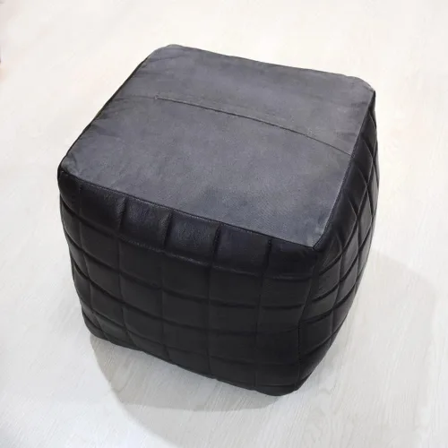 Miniatura 6 de Rugsotic Carpets Puf cuadrado geométrico hecho a mano de cuero de cabra 18"x18"x18" (relleno de algodón reciclado) color negro PF23