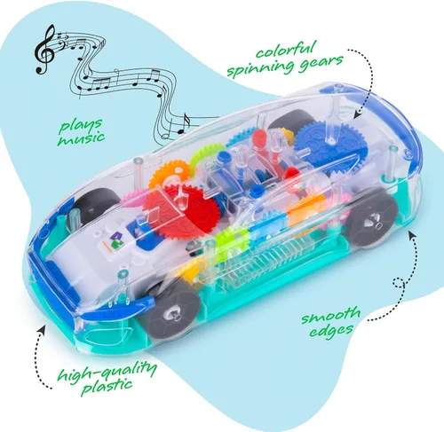 Miniatura 9 de ArtCreativity Juguete sensorial transparente con luz para niños, 1 unidad, auto de juguete con engranajes móviles coloridos, música y efectos LED