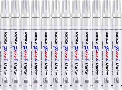 Rotuladores de pintura blanca permanentes - Juego de 12 marcadores de pintura con base de aceite, punta media, secan rápido y son impermeables para