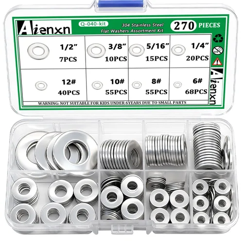 Kit de surtido de 270 piezas de arandelas planas, 8 tamaños SAE -1/2, 3/8, 5/16, 1/4, 12#, 10#, 8#, 6#, (18-8) arandelas de acero inoxidable 304